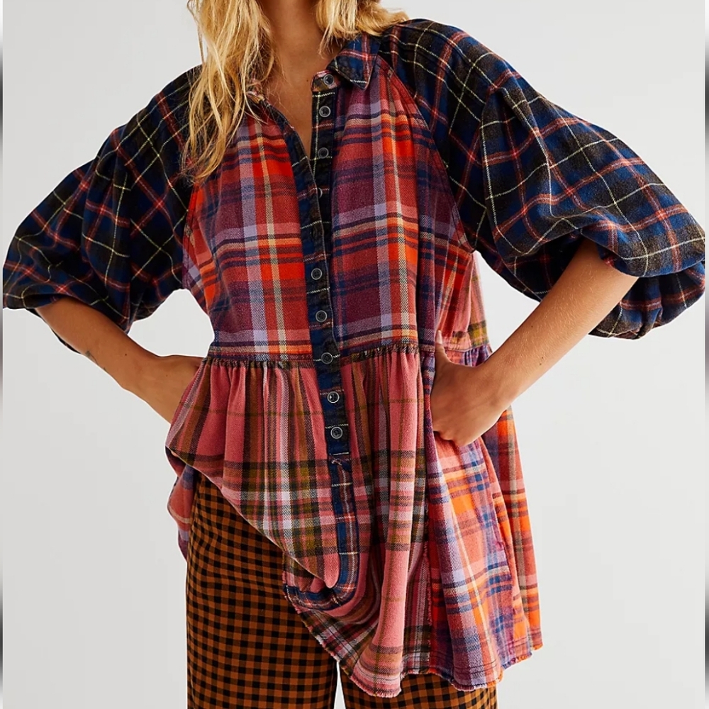 Free People We The Free Moon Bay Mixed Plaid Top Blue - Picture 8 of 8